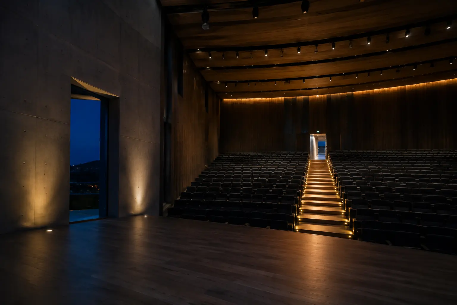 Real empty university auditorium at blue hour with one warm aisle leading toward open doors